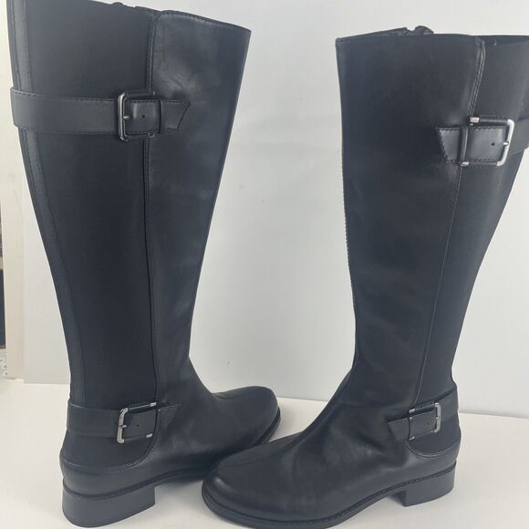 Aerosoles Black Leather Stretch Knee Boots Override Women’s Sz 9.5M - Picture 2 of 6
